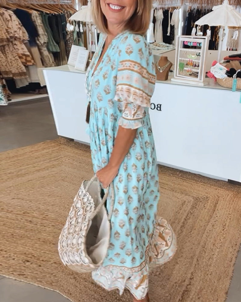 V-Neck Floral Print Pocket Half Sleeve Dress