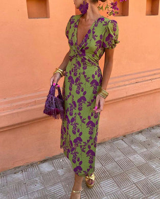 Puff Sleeve Leaf Print Deep V Short Sleeve Dress