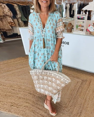 V-Neck Floral Print Pocket Half Sleeve Dress