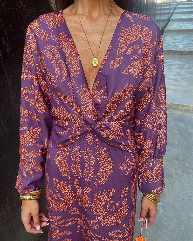 V-Neck Floral Print Pleated Twist Long Sleeve Dress