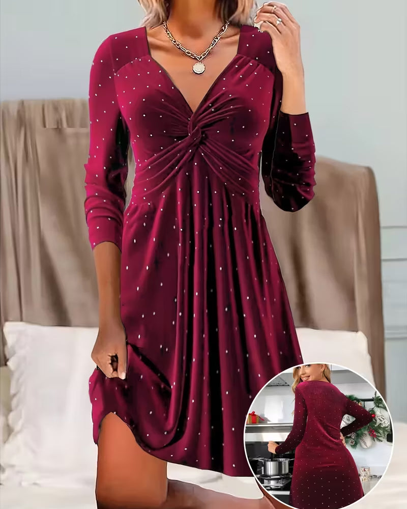 Elegant Polka Dot V-Neck Twist Dress