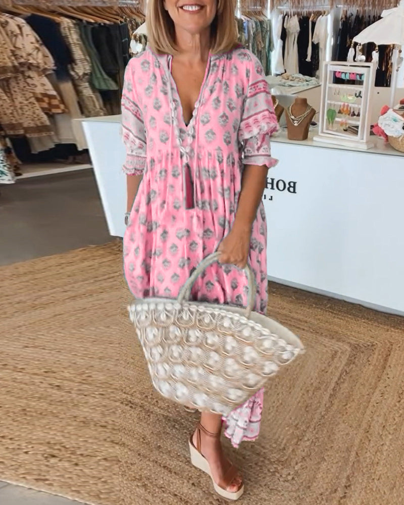 V-Neck Floral Print Pocket Half Sleeve Dress
