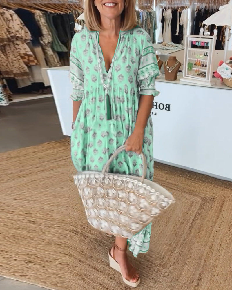 V-Neck Floral Print Pocket Half Sleeve Dress