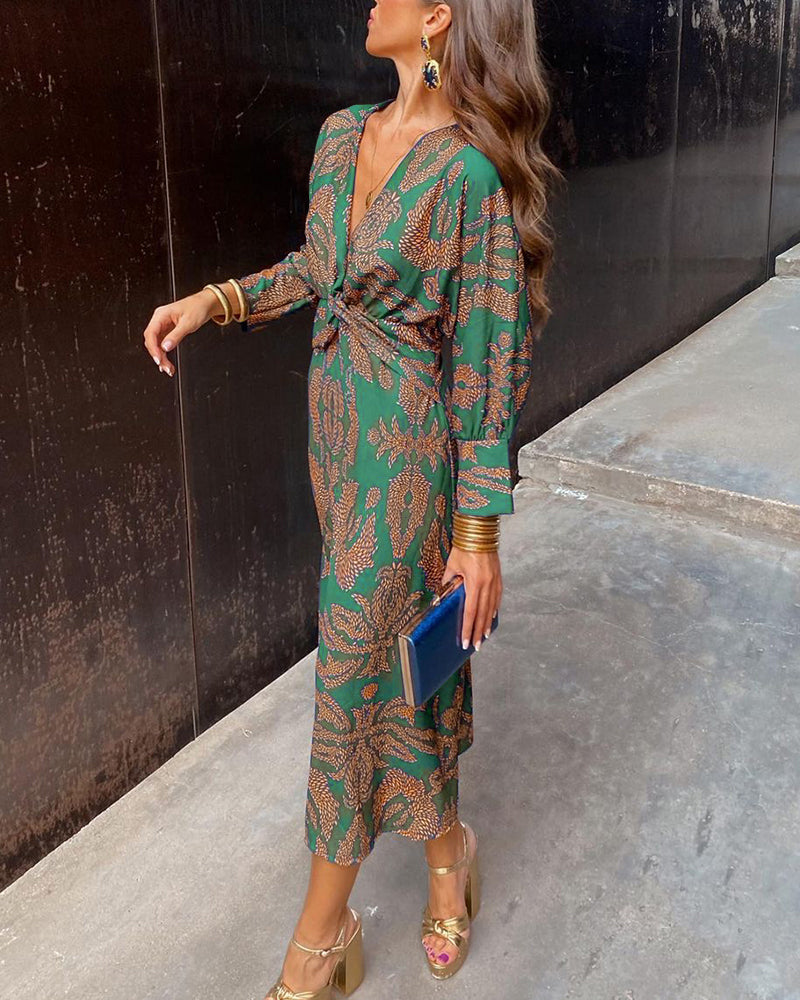 V-Neck Floral Print Pleated Twist Long Sleeve Dress