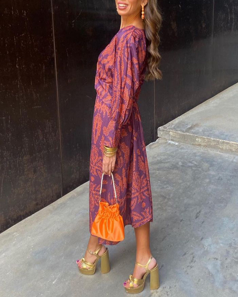 V-Neck Floral Print Pleated Twist Long Sleeve Dress