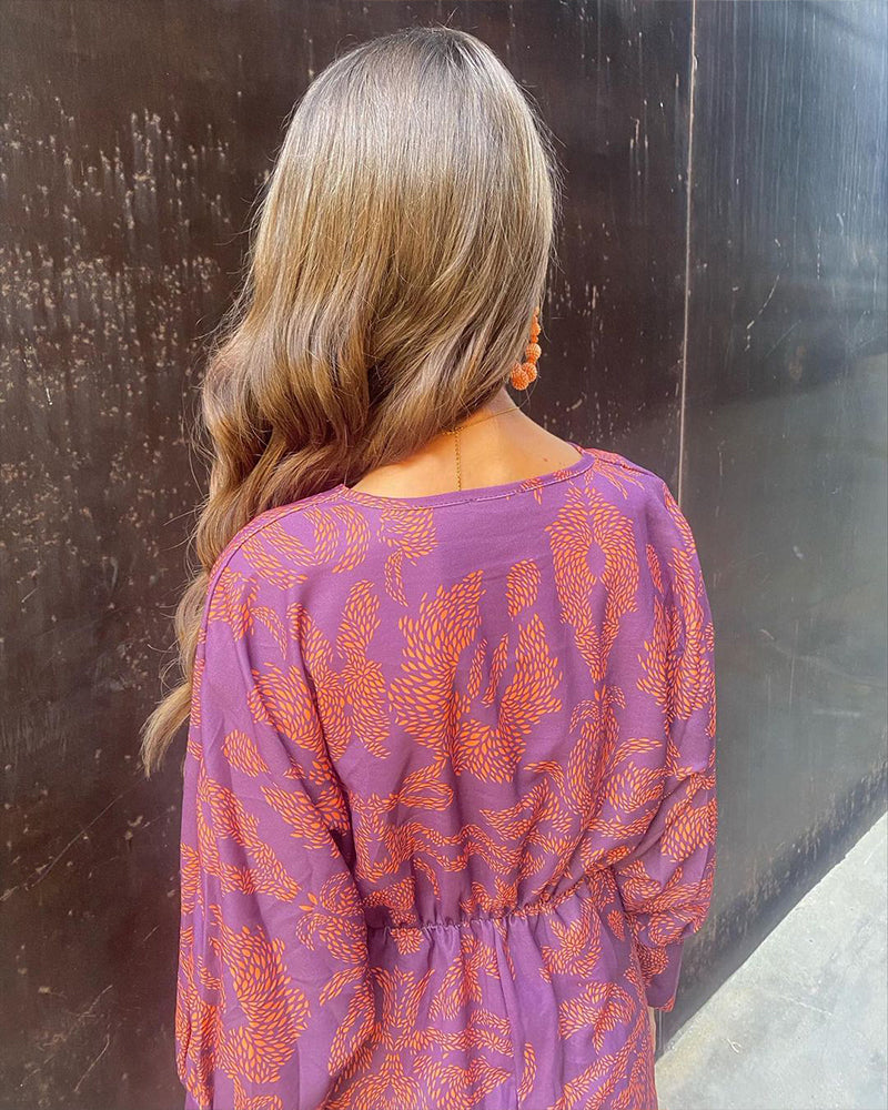 V-Neck Floral Print Pleated Twist Long Sleeve Dress