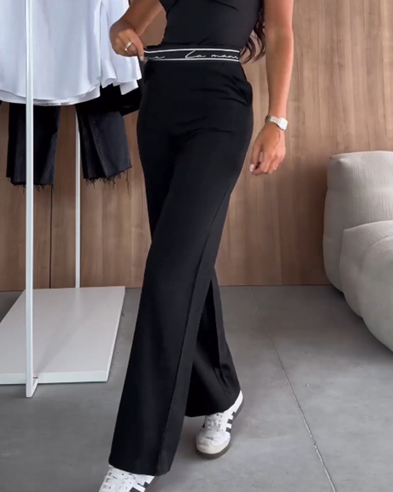 Casual solid color zipper pocket straight pants