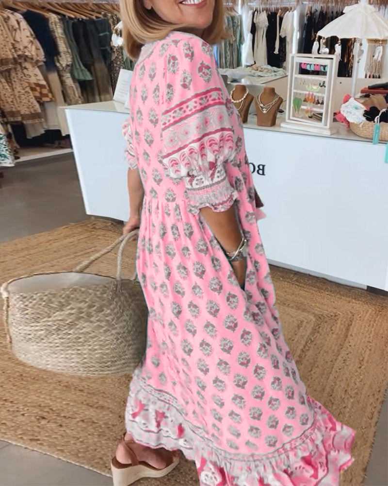 V-Neck Floral Print Pocket Half Sleeve Dress