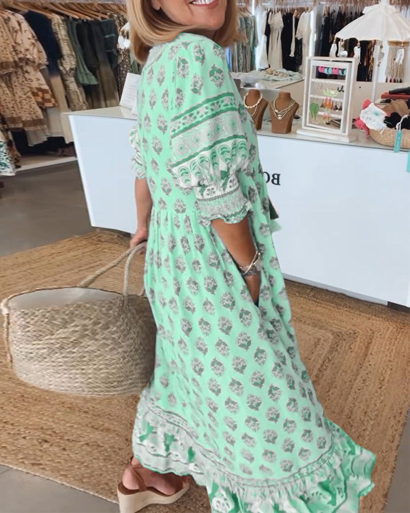 V-Neck Floral Print Pocket Half Sleeve Dress