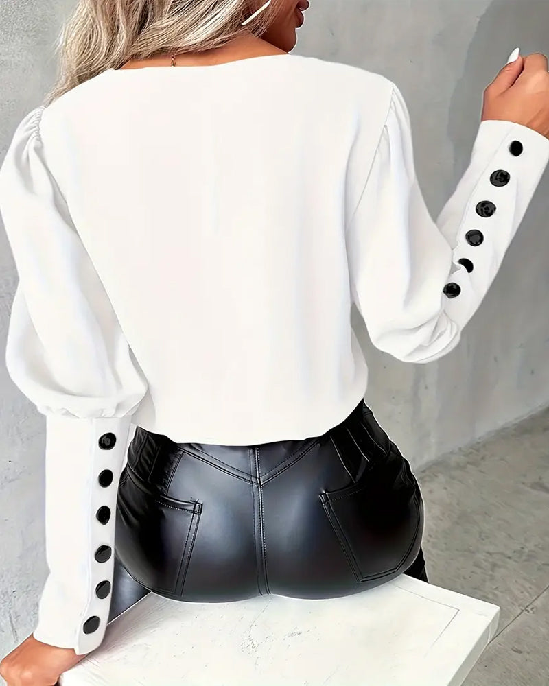 Horseshoe Sleeve V-Neck Contrast Color Top