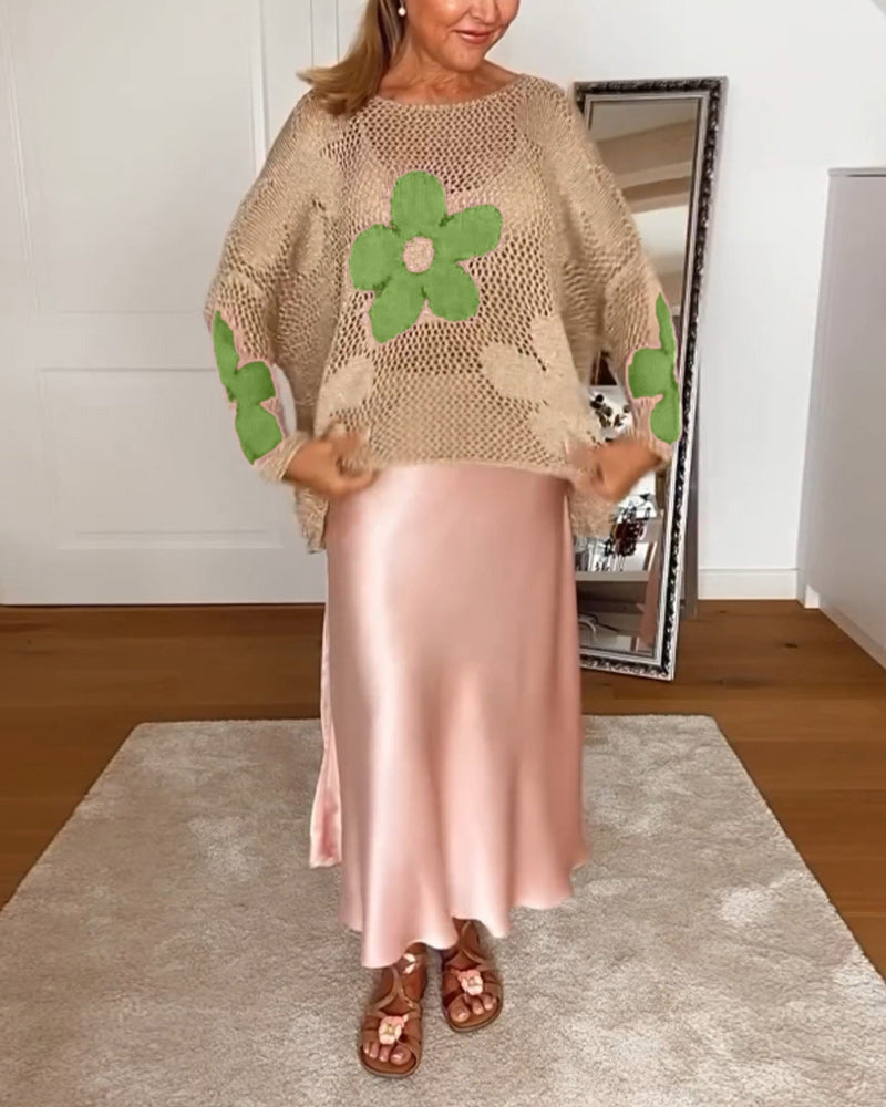 Casual floral round neck long sleeve hollow pullover