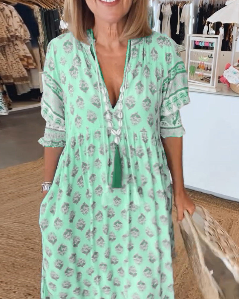 V-Neck Floral Print Pocket Half Sleeve Dress