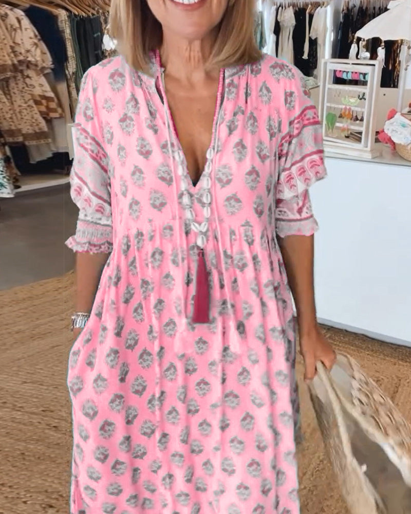 V-Neck Floral Print Pocket Half Sleeve Dress