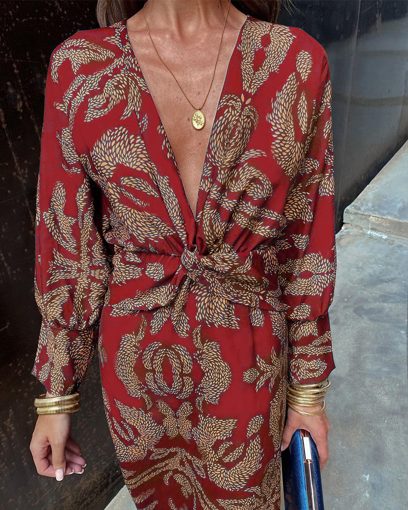 V-Neck Floral Print Pleated Twist Long Sleeve Dress
