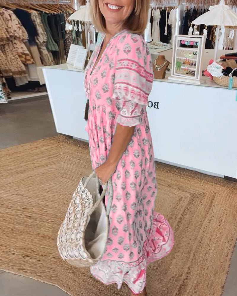 V-Neck Floral Print Pocket Half Sleeve Dress
