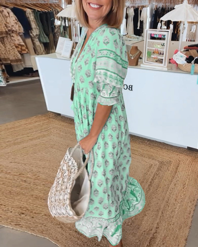 V-Neck Floral Print Pocket Half Sleeve Dress