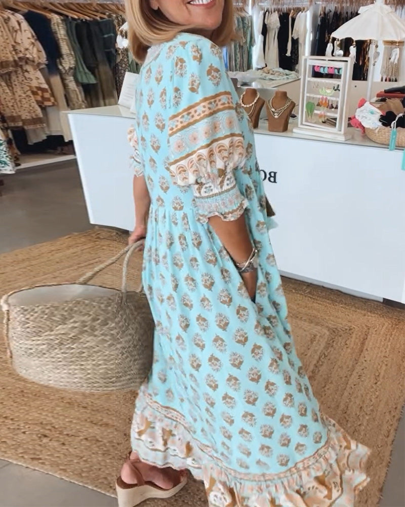 V-Neck Floral Print Pocket Half Sleeve Dress