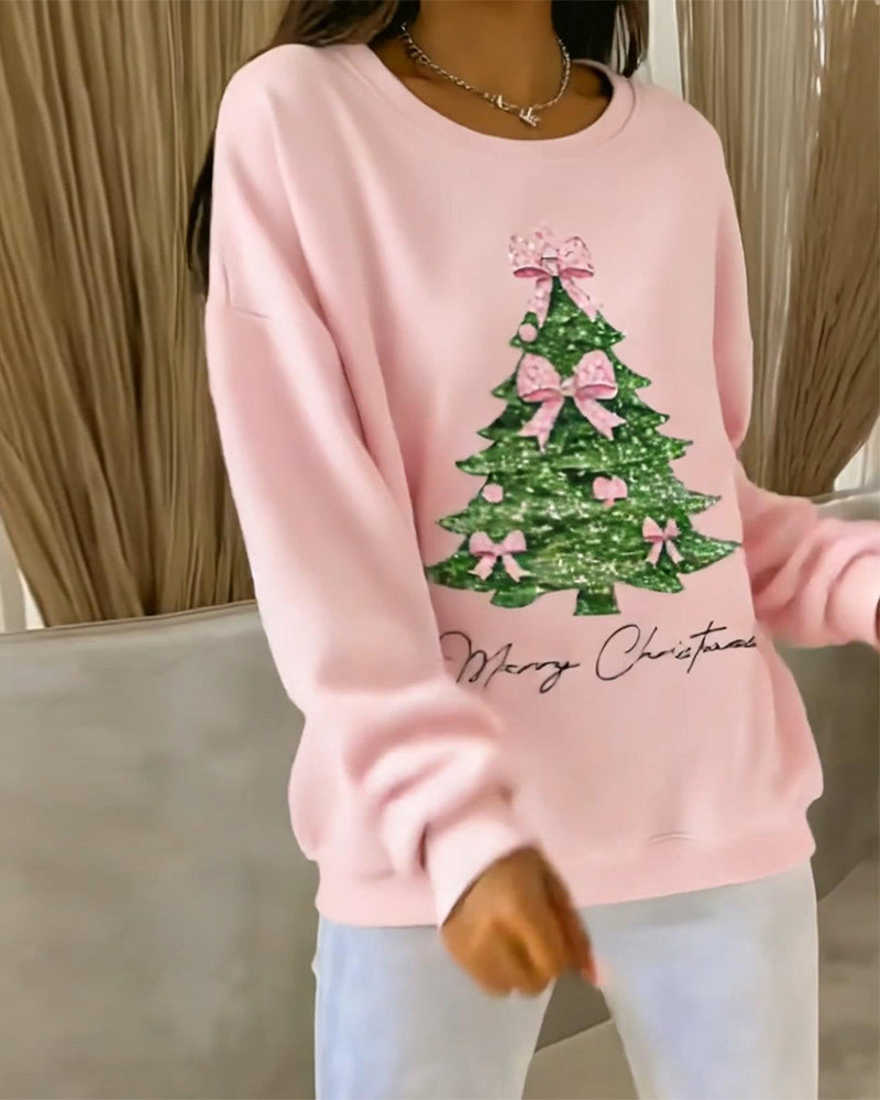 Crew Neck Christmas Long Sleeve Print Sweatshirt