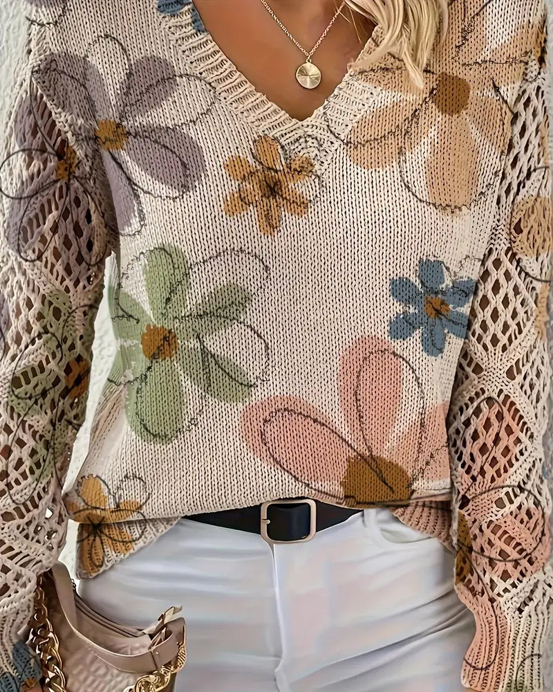V-Neck Openwork Knit Sweater