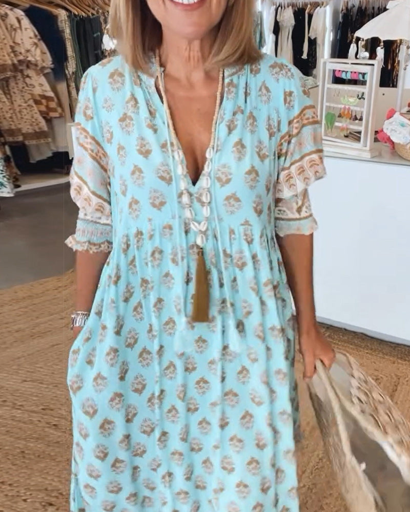 V-Neck Floral Print Pocket Half Sleeve Dress