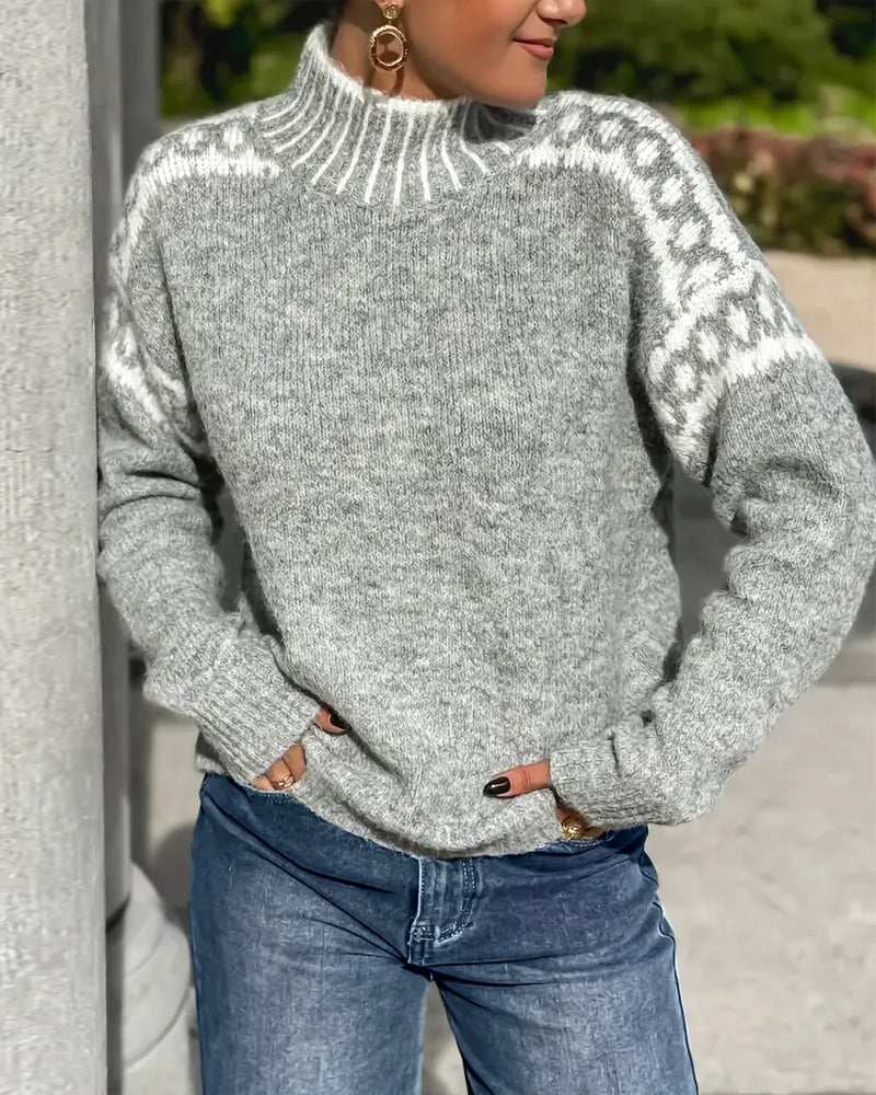 High Neck Patterned Contrast Sweater