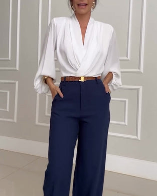 Fashion solid color V-neck lantern sleeve blouse Fashion solid color V-neck lantern sleeve blouse