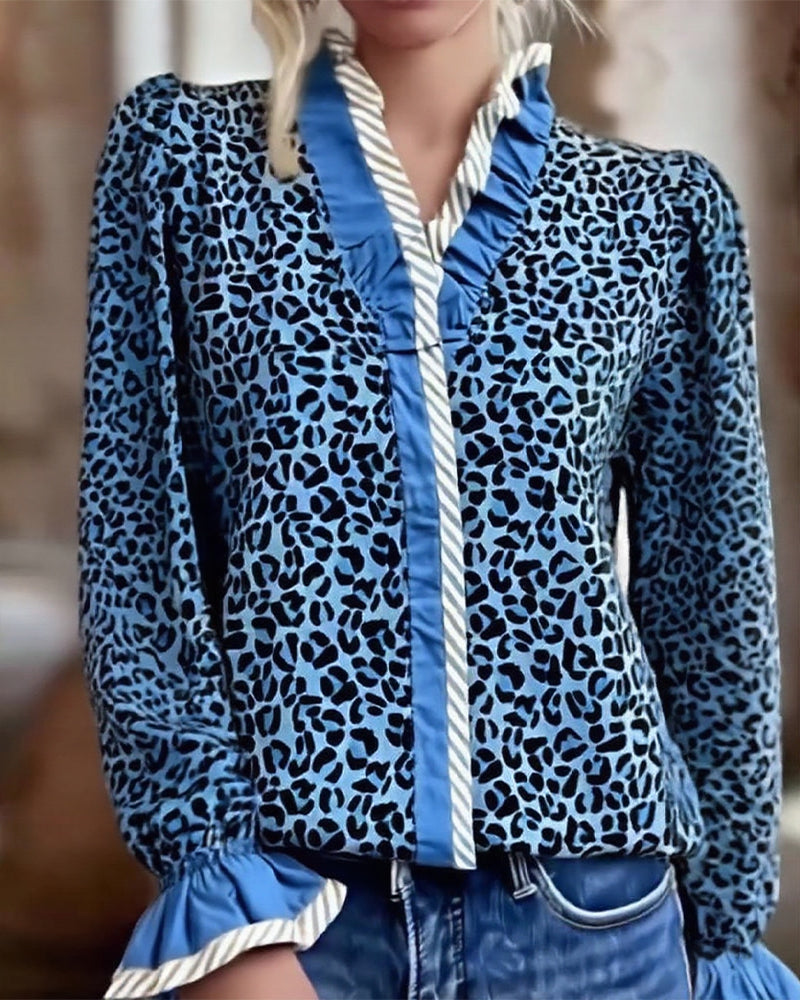 Casual Leopard Print Long-Sleeved Blouse