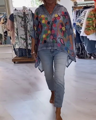 Fake Denim Irregular Print Blouse