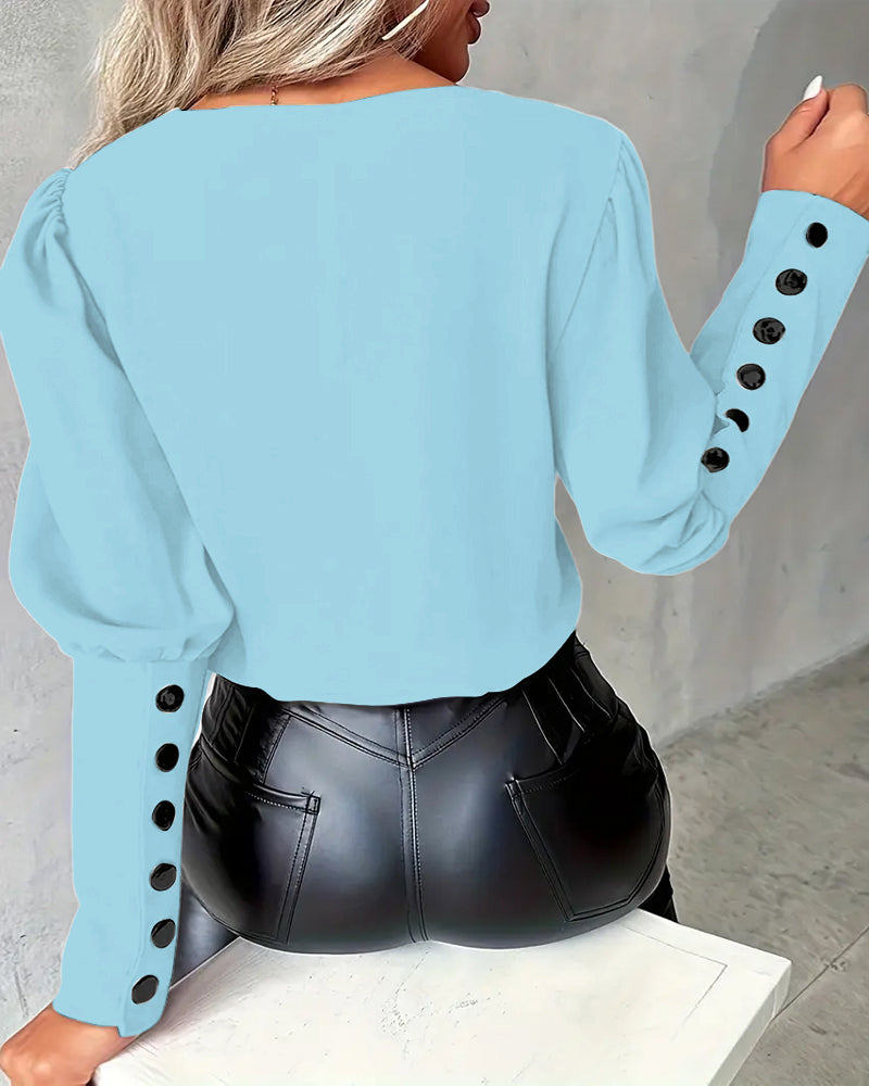 Horseshoe Sleeve V-Neck Contrast Color Top