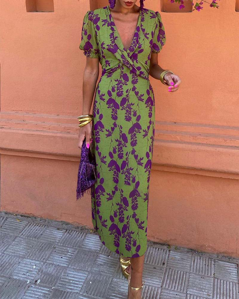 Puff Sleeve Leaf Print Deep V Short Sleeve Dress