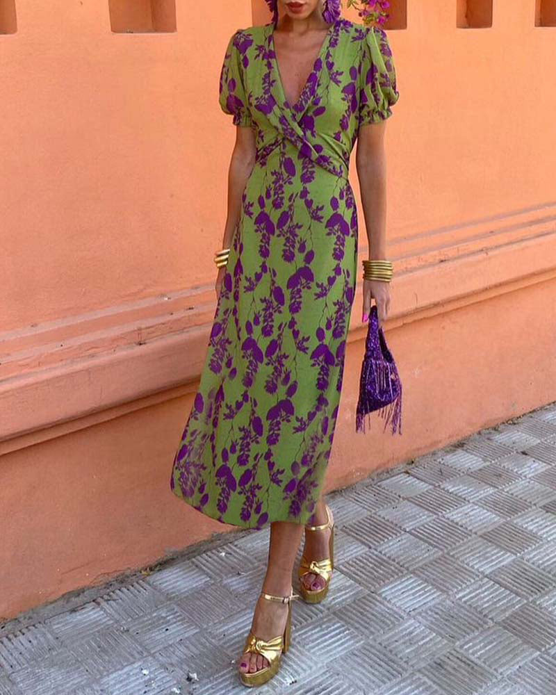 Puff Sleeve Leaf Print Deep V Short Sleeve Dress