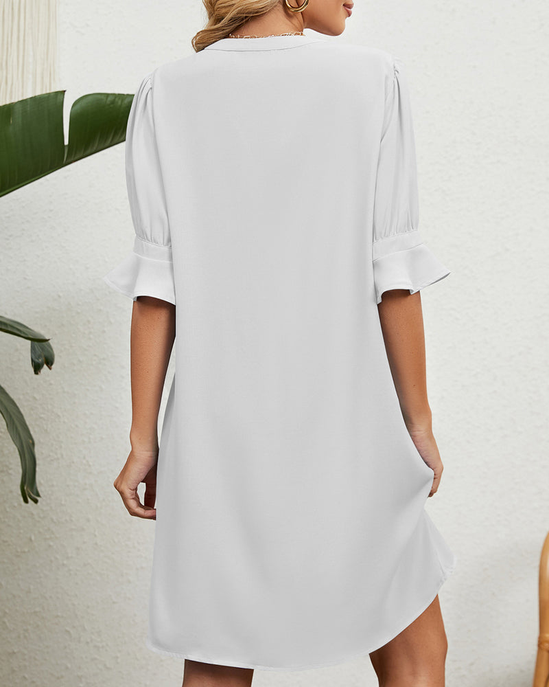 V neck solid color gathered half sleeve dress