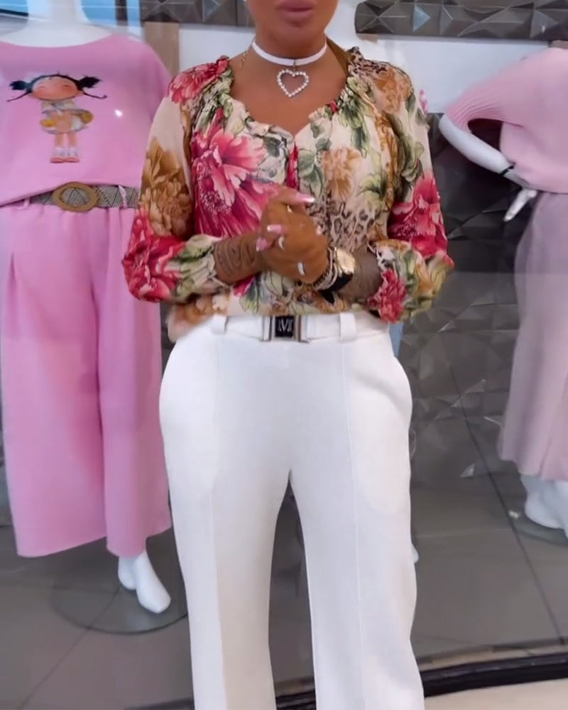 V-Neck Floral Print Blouse