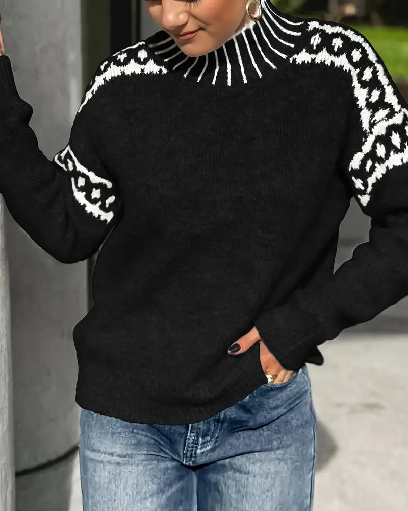 High Neck Patterned Contrast Sweater