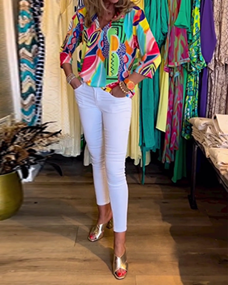 Long Sleeve Loose Printed Blouse