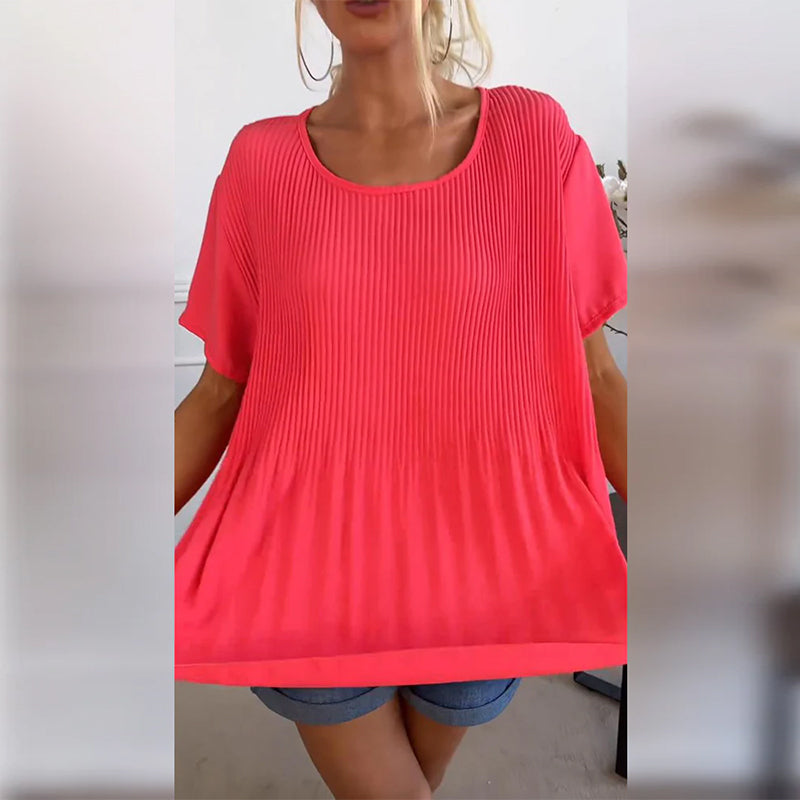 Solid color round neck pleated blouse