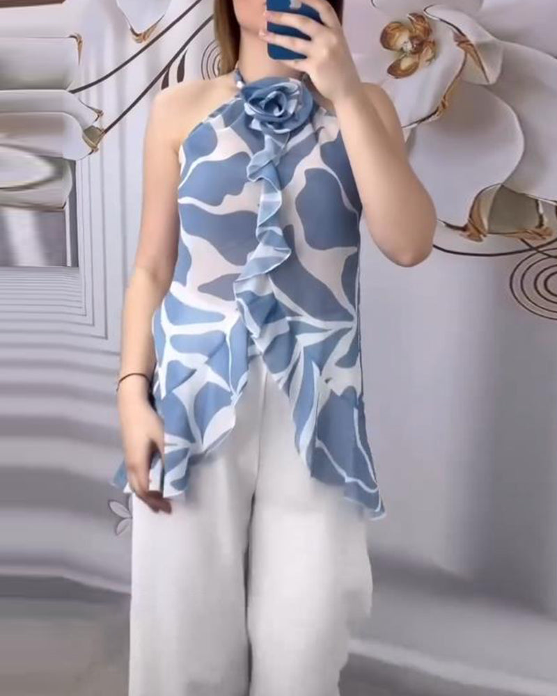 3D Rose Sleeveless Halter Neck Top