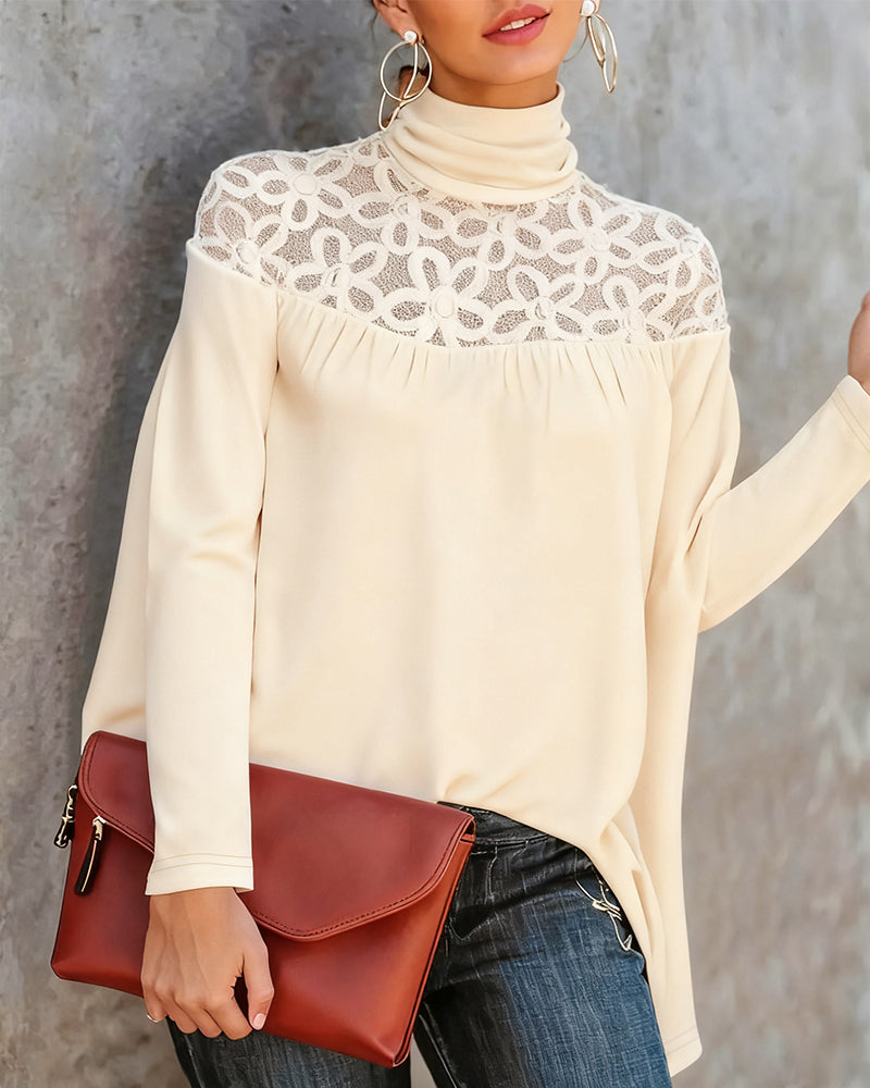 Turtleneck Lace Sheer Knit Top