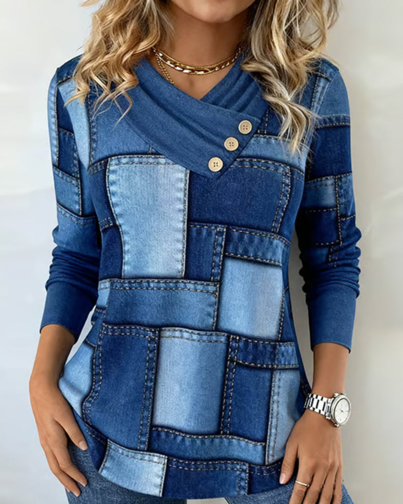 V-Neck Contrast Solid Color Long-Sleeved Top