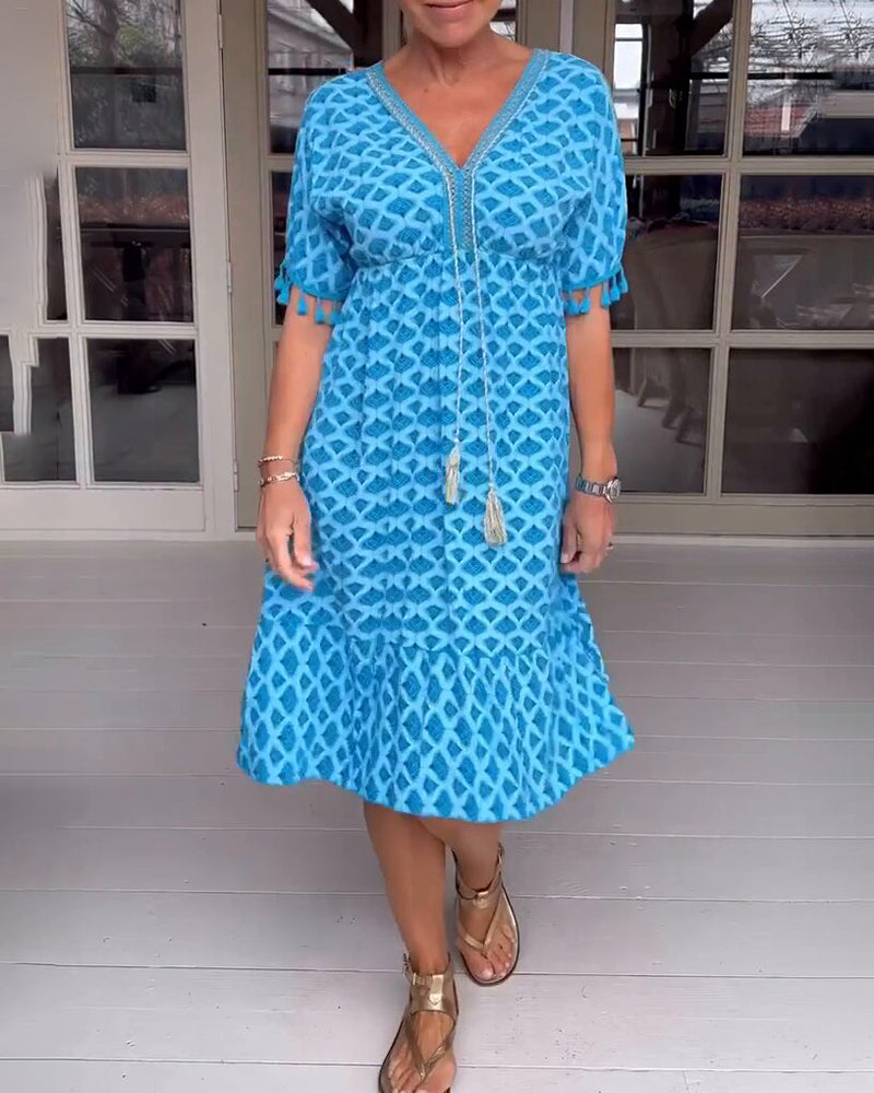 Printed v-neck fringed dress