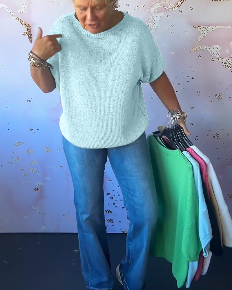 Casual loose solid color round neck pullover