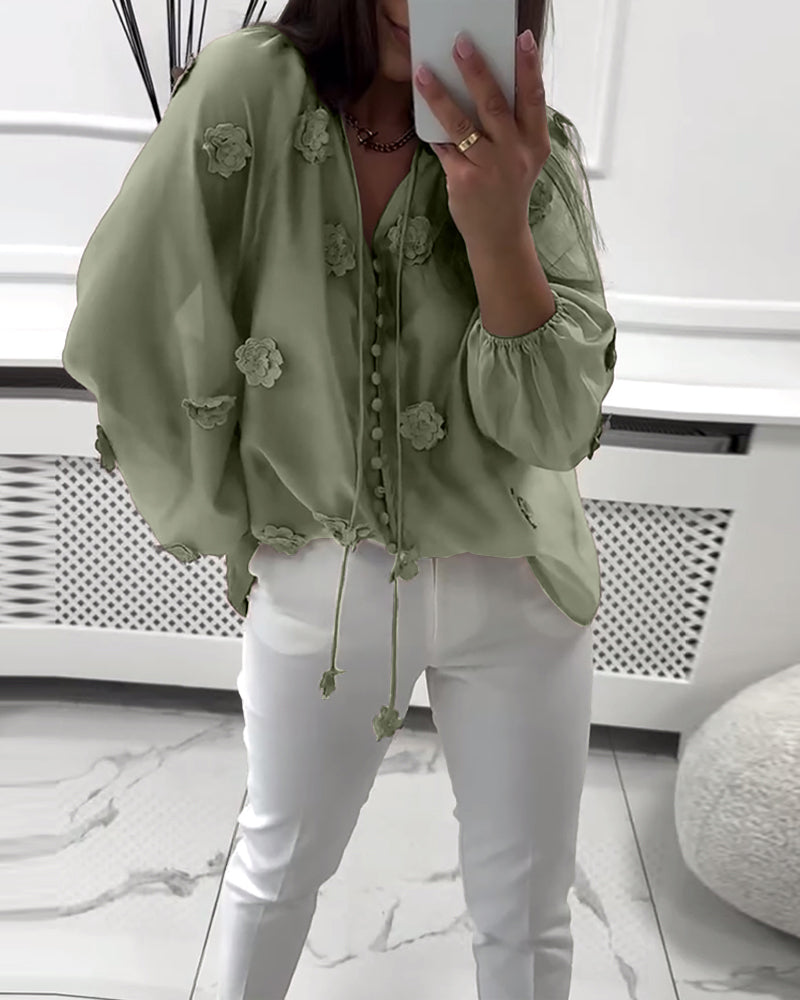 Solid Color 3D Floral Lace-Up Blouse