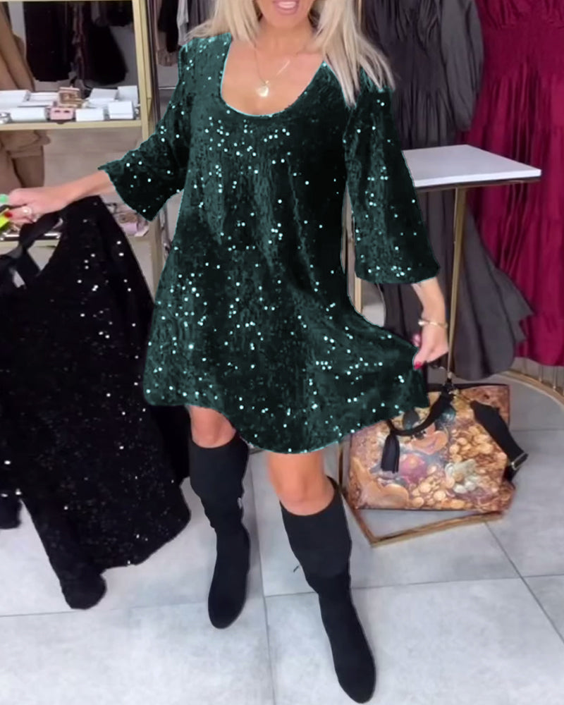 Velvet Sequined Dress With Wide Neckline