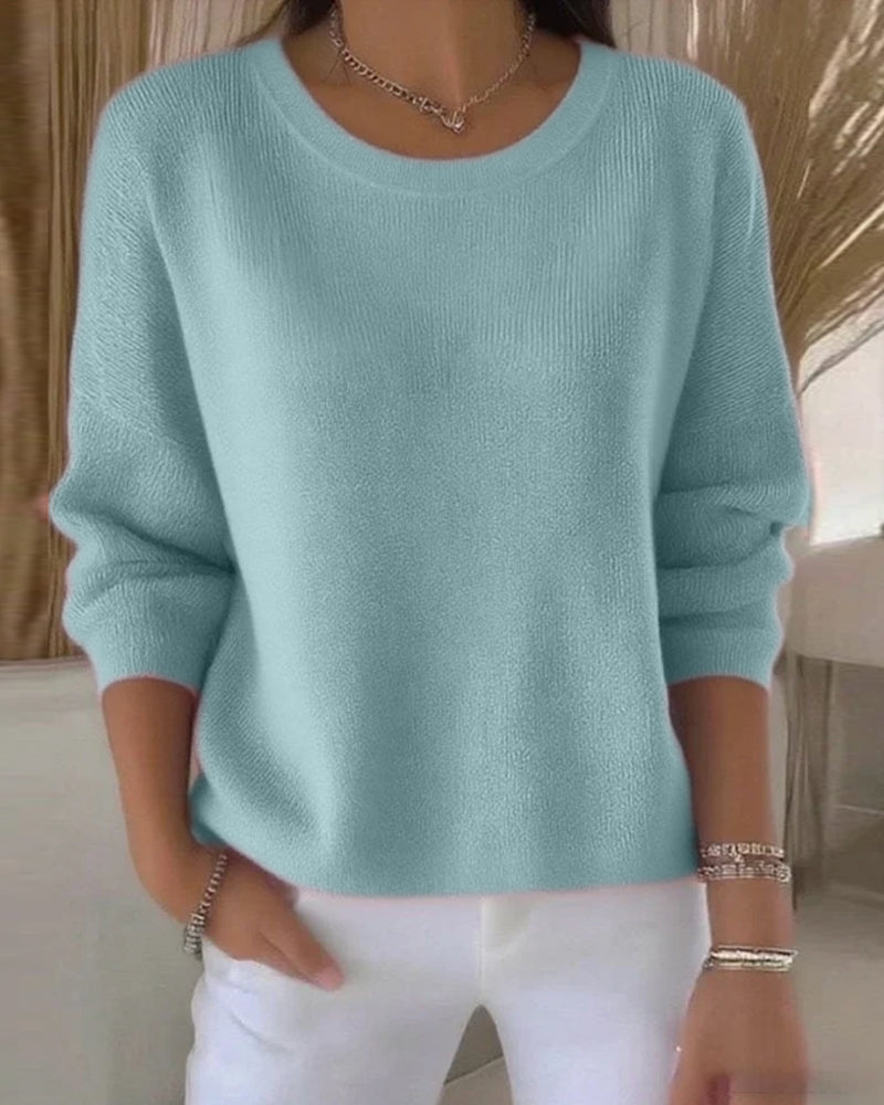 Solid Round Neck Drop Shoulder Sweater