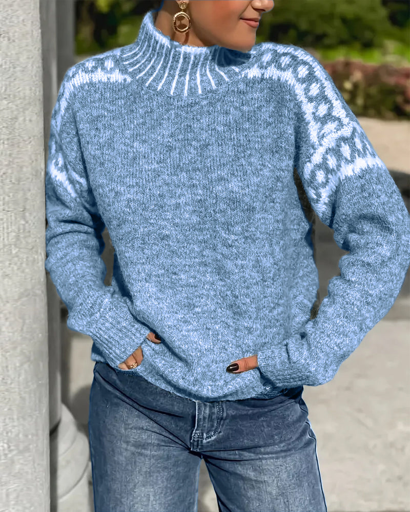 High Neck Patterned Contrast Sweater