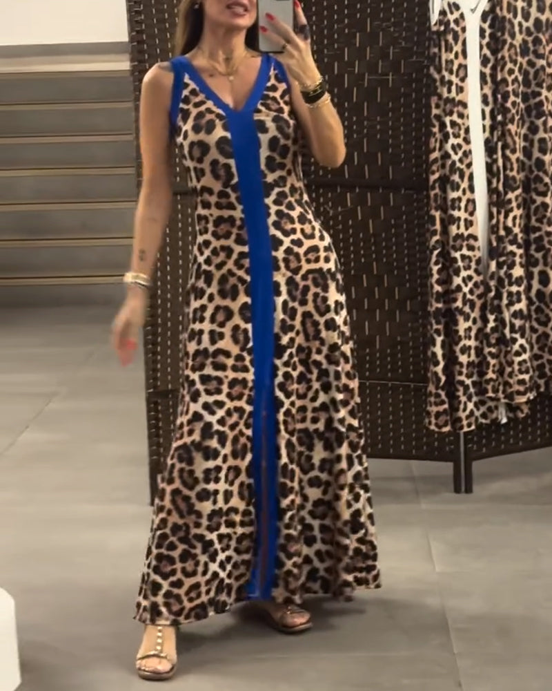 Sleeveless Elegant Leopard Print Contrast Dress
