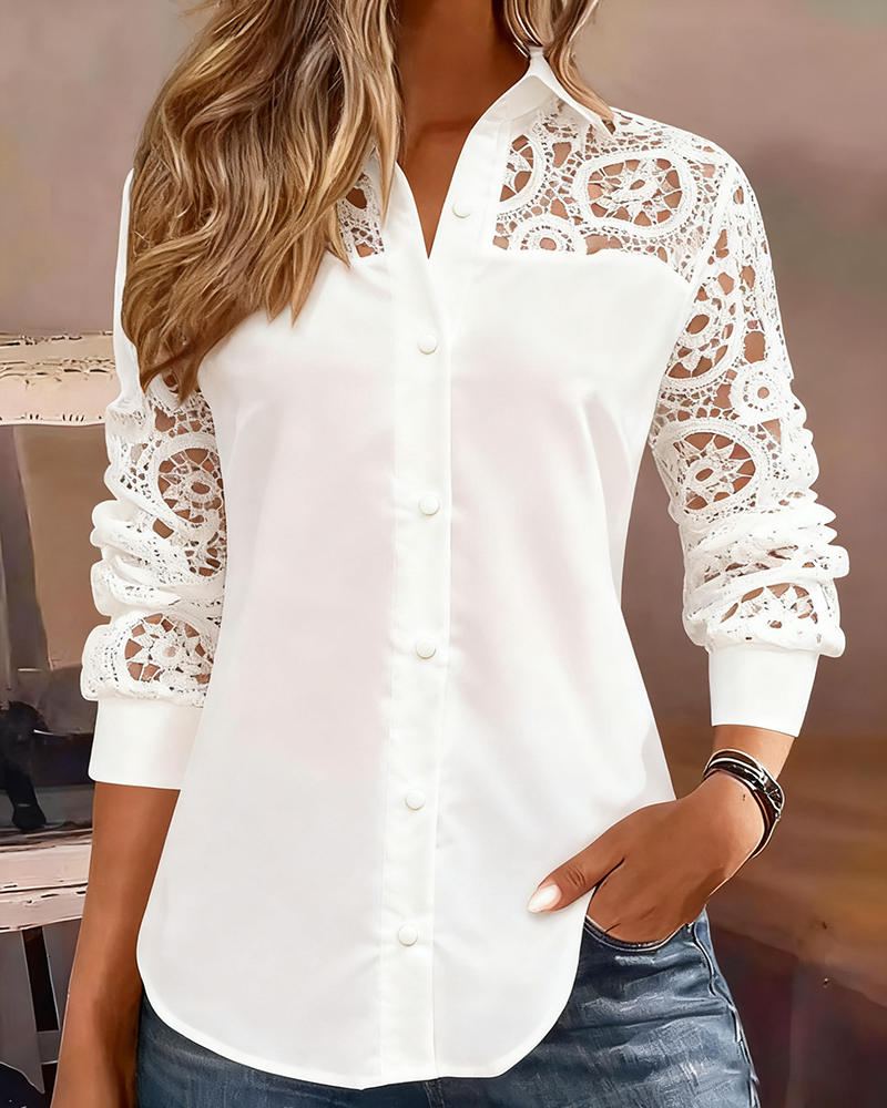 Solid Color Lapel Lace Patchwork Blouse