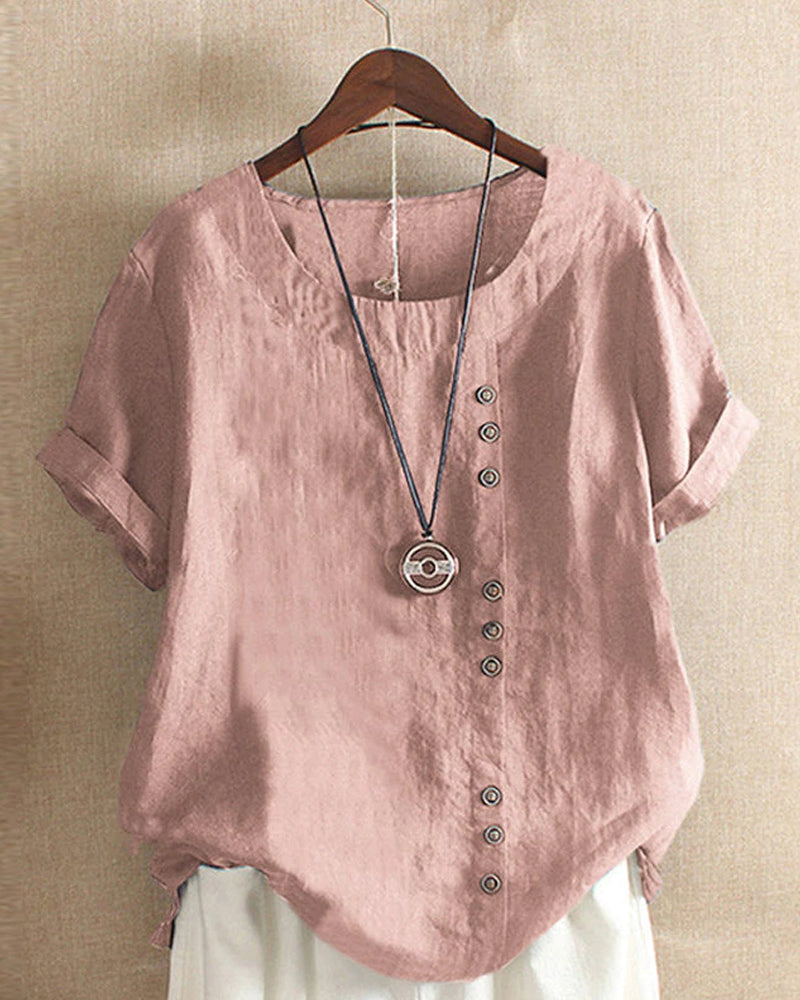 Solid Color Button Short Sleeve Top