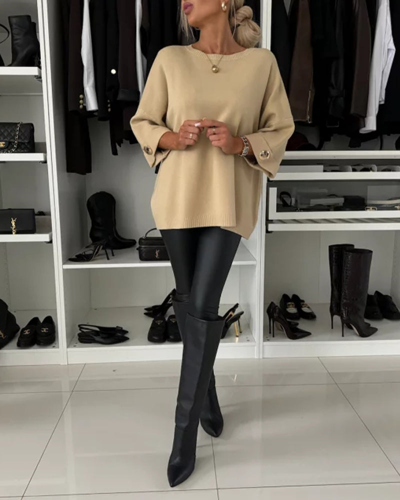 Fashion solid color round neck button pullover