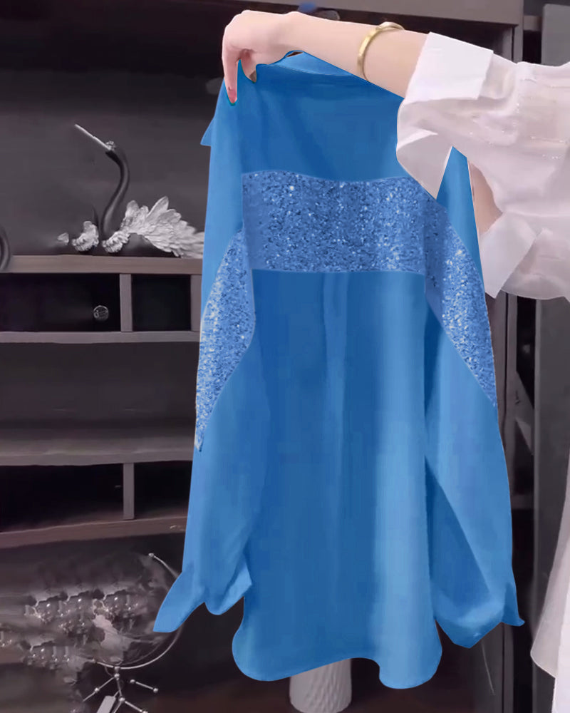 Lapel Sequin Long-Sleeved Shirt